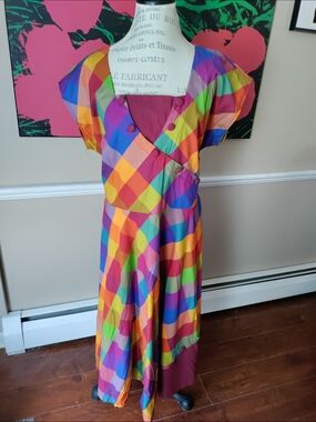 Women's Unique Vintage Rainbow Plaid 50s Style Midi Dress Size 18